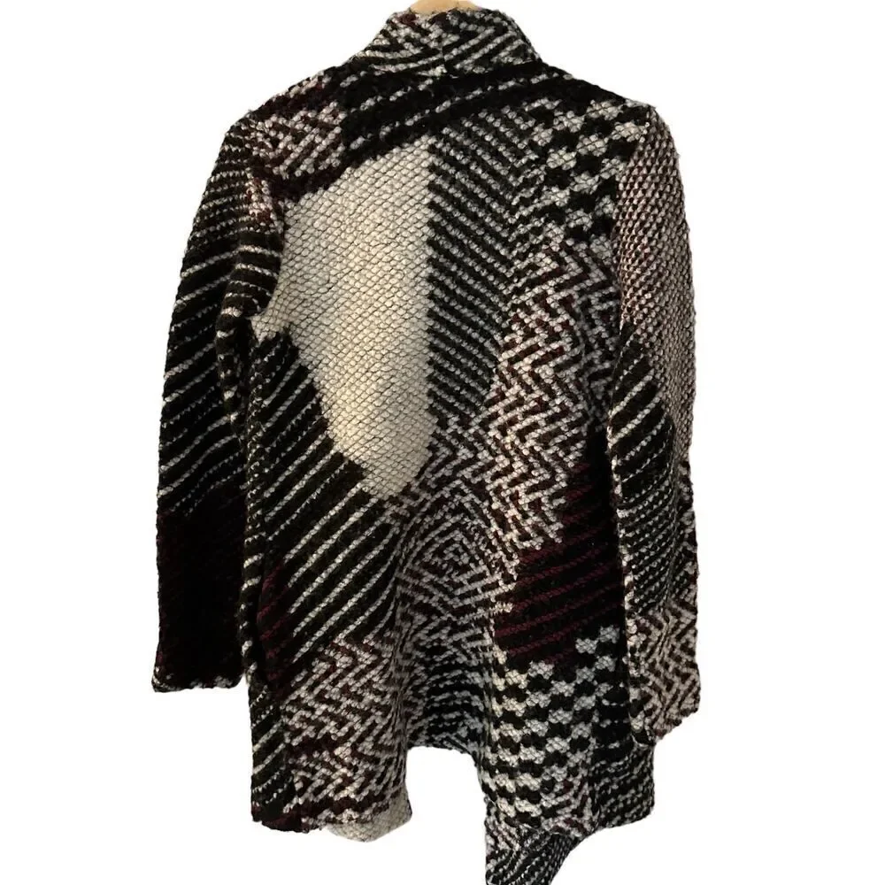 Lucky Brand Red Black White Wool Blend Chunky Aztec Open Cardigan Sweater Size S